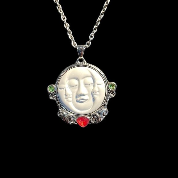 Moon Face Necklace & Ring Sz 7 Set Carved Celestial Boho Spiritual Jewelry - Picture 3 of 9